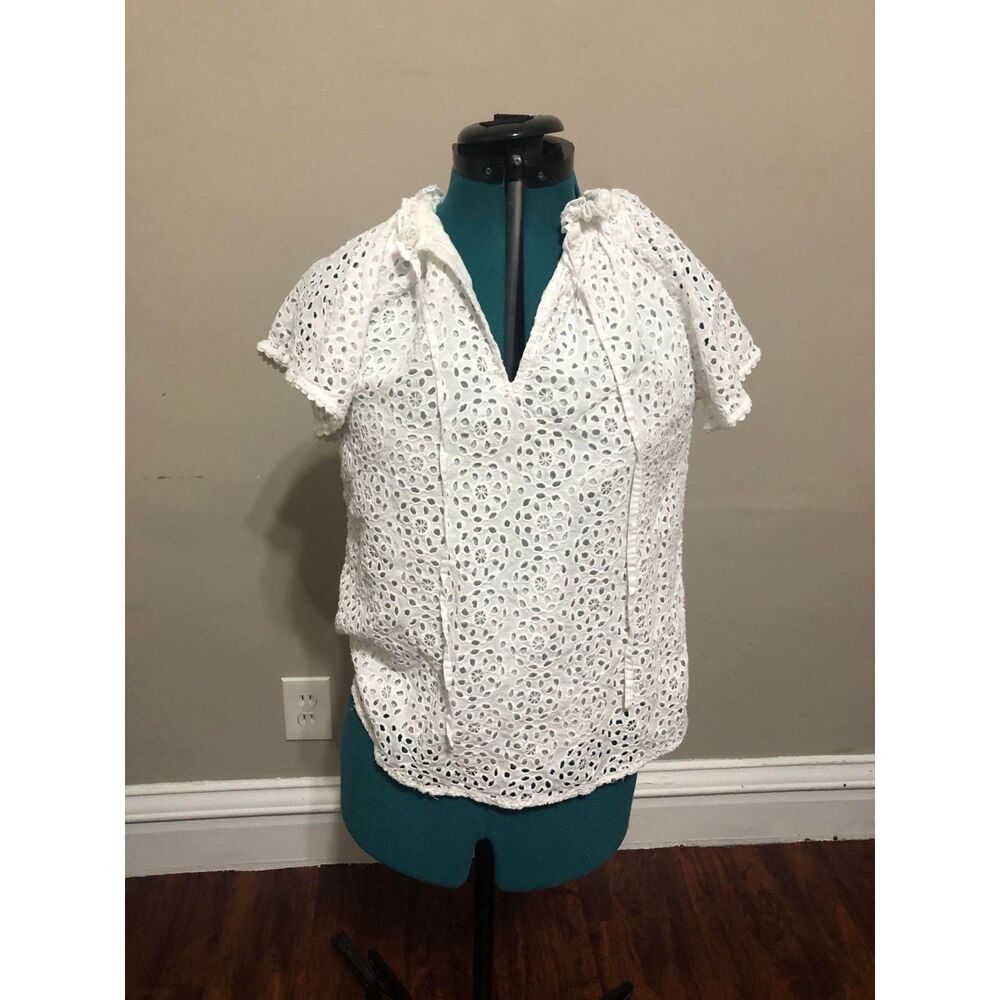Rungolee White Lace Eyelet Ruffle Sleeve Blouse, XXS